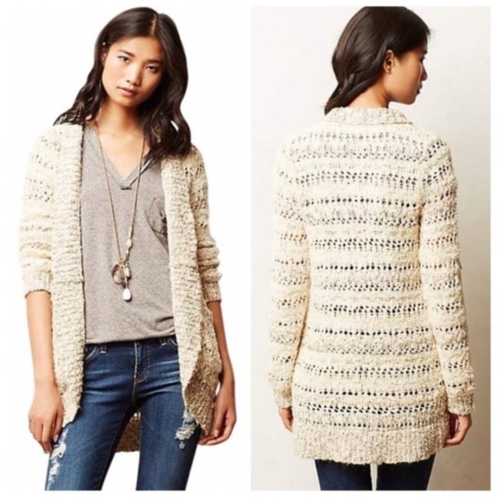 Anthropologie Knitted & Knotted Cardigan Sweater M Neutral Open Knit Crochet